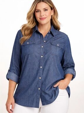 NWT!Blue Sparkles Pocket Snap Up Cuffed Sleeves Size 3X